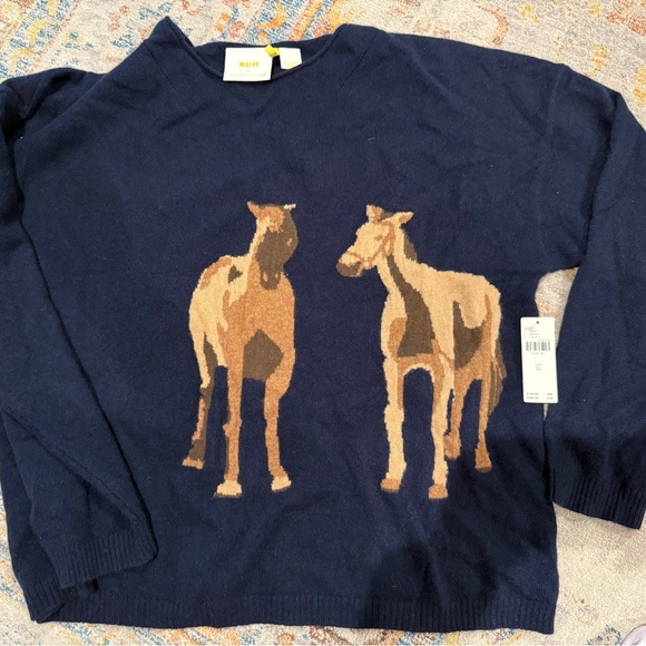 Anthropologie Maeve Intarsia Horse Cashmere Navy Sweater Size XL NWT - Picture 7 of 8